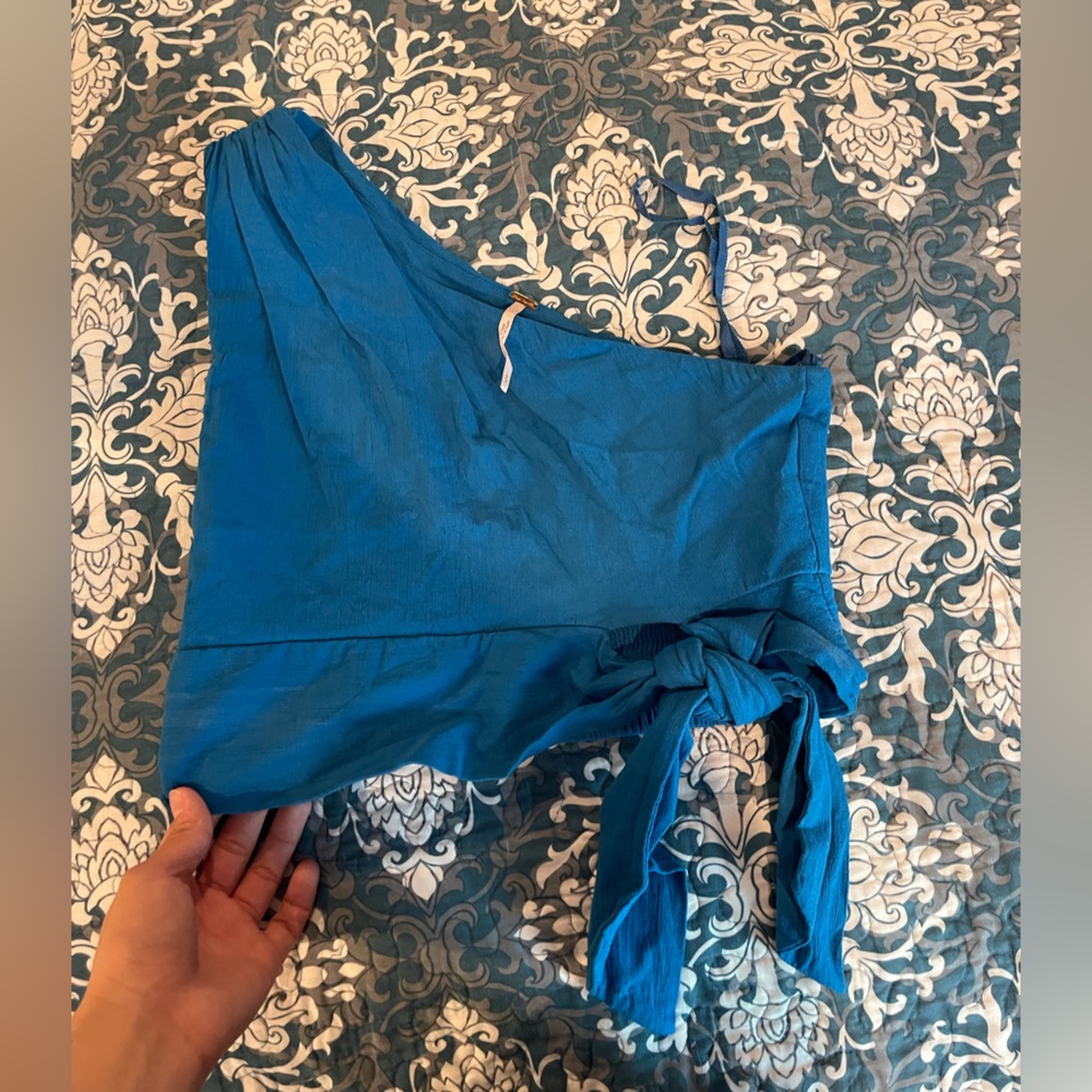 Free People One-Shoulder Teal Crop Top with Side Tie